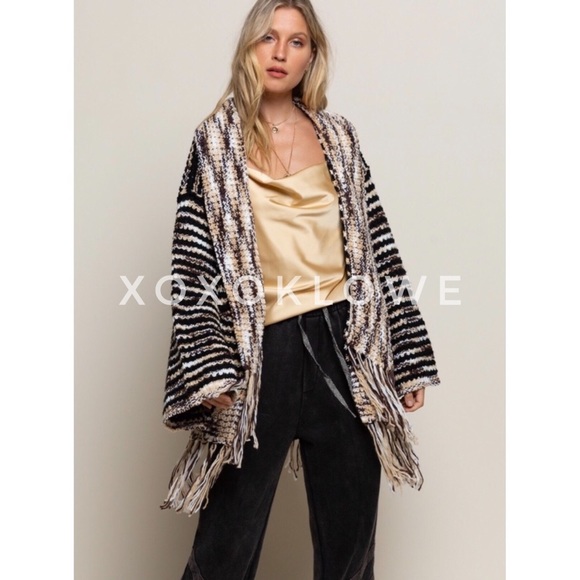 POL Brown & Tan Open Front Cardigan Tassel Fringe Relaxed Fit - Picture 5 of 11